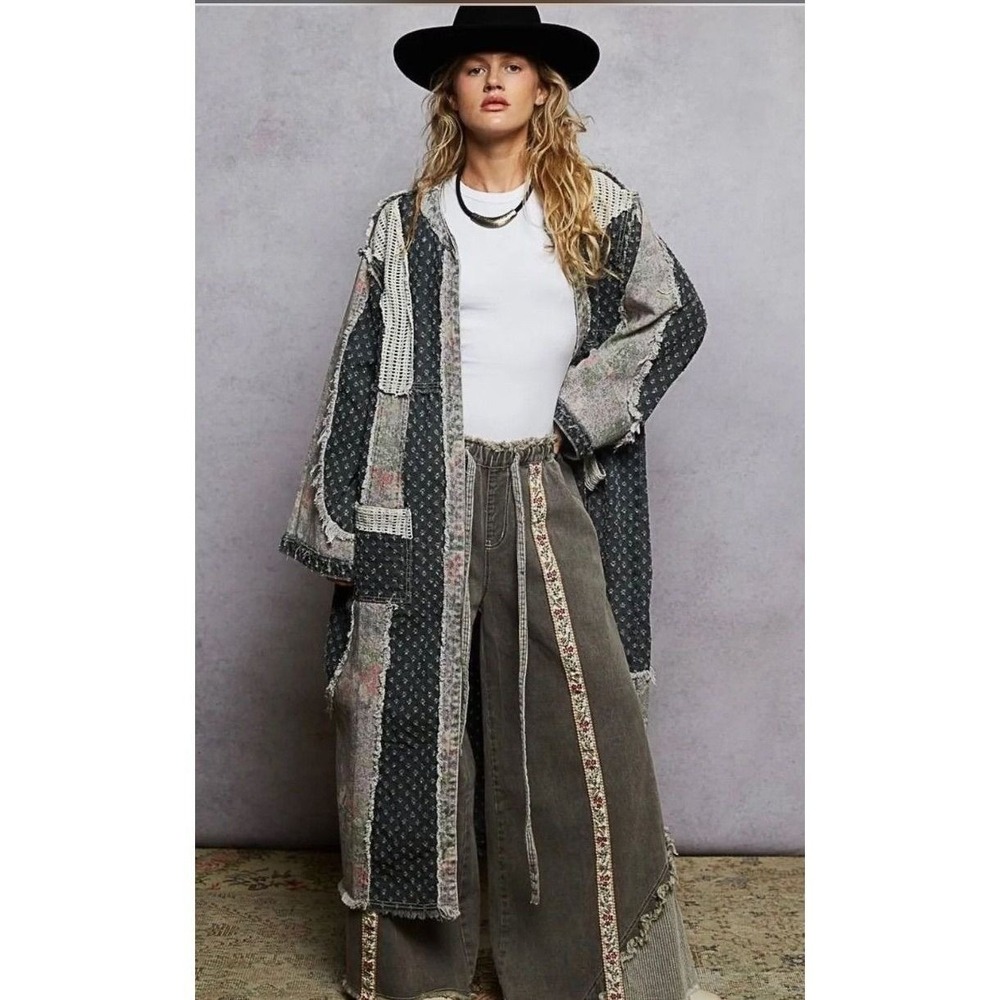 POL Charcoal Eyelet Floral Patchwork Lace Long Jacket PTP: 25